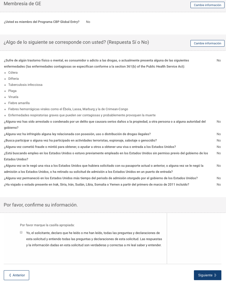Revisión de datos de la solicitud ESTA