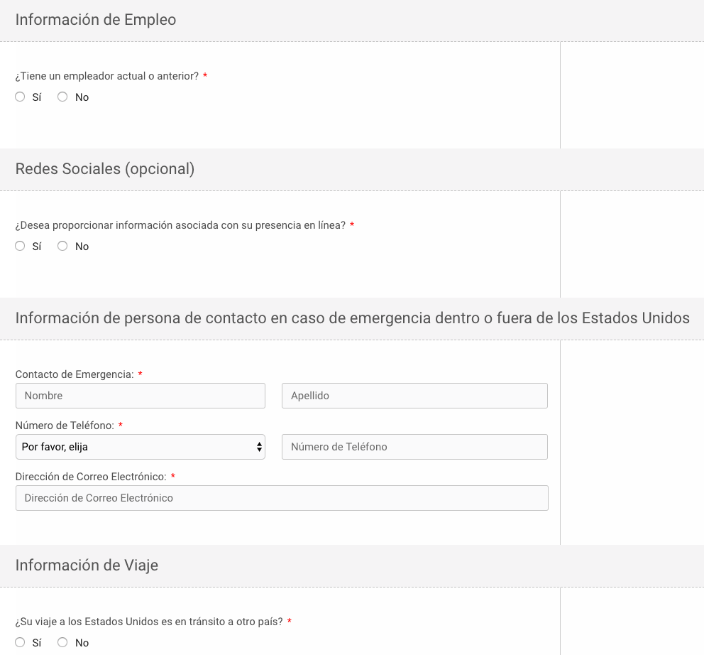 Información variada del formulario ESTA