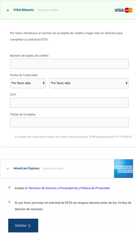 Pago de solicitud ESTA