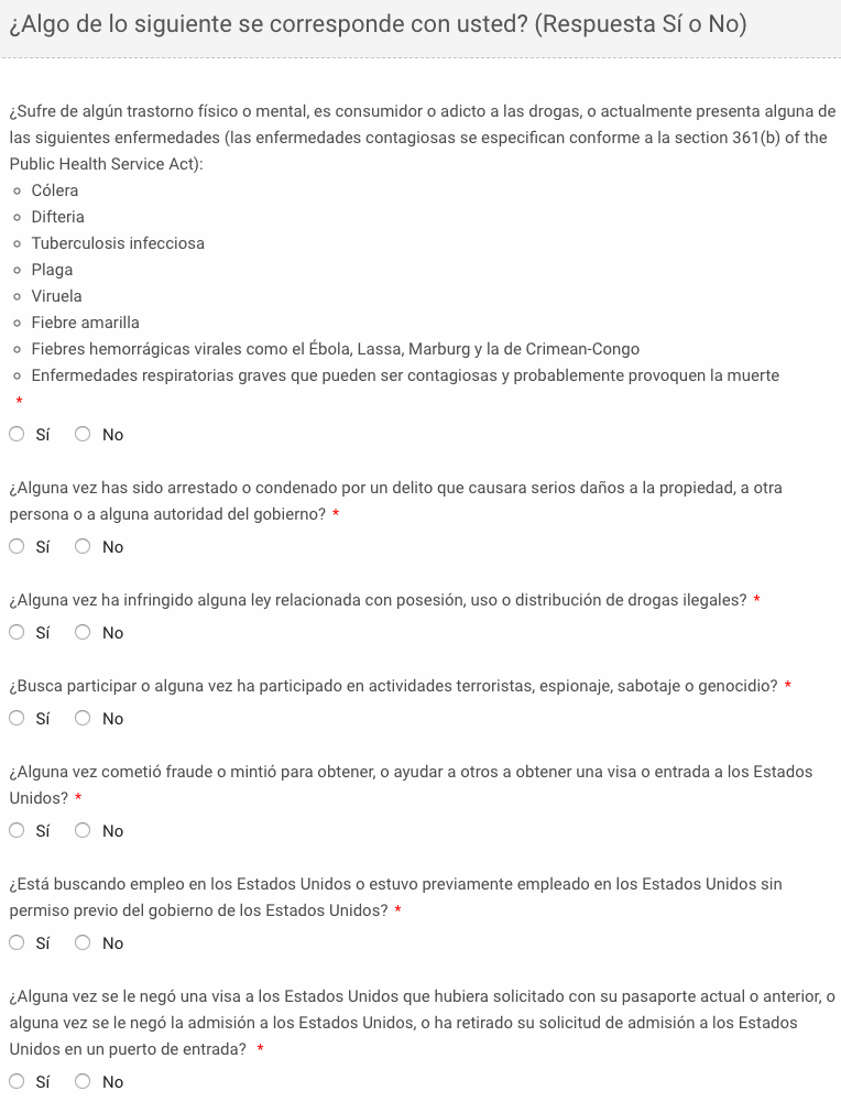 Preguntas de elegibilidad solicitud ESTA